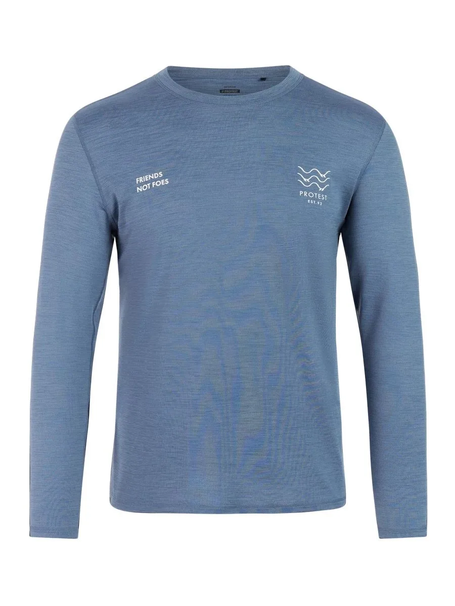 Camicia blu a maniche lunghe con scollo rotondo, testo "Friends Not Foes" e logo a onda sul petto.