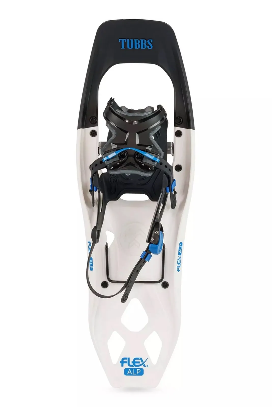 A white Tubbs Flex Alp 25 men's snowshoe with blue accents, photographed from above, with binding and 'FLEX ALP' inscription.