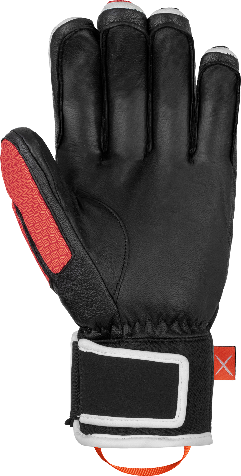 Schwarzer Reusch Worldcup Warrior DH Rennhandschuh, Handflächenansicht mit roter Daumenpolsterung und weiß-schwarzem Handgelenksverschluss.