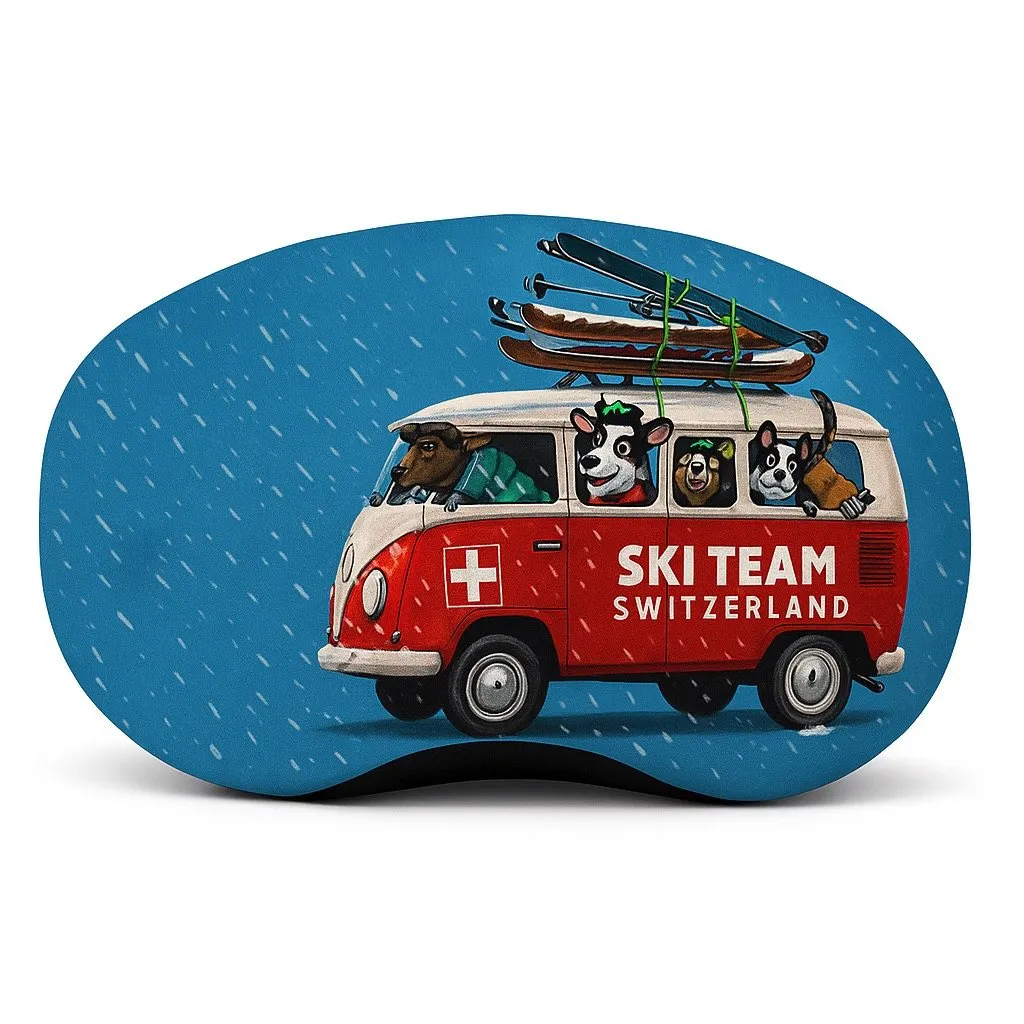 Comic: Animals in a red VW bus with skis on the roof, inscription "Ski Team Switzerland" against a blue snow background.