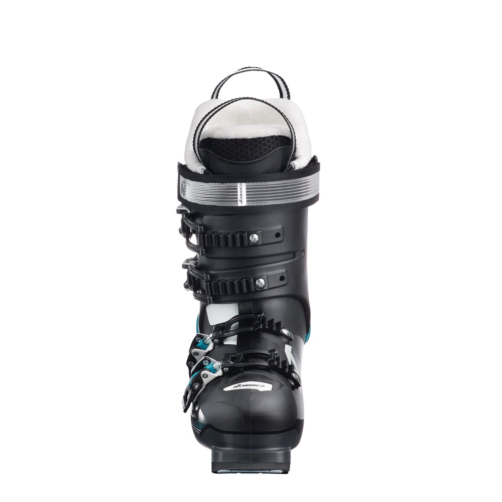 Schwarzer Nordica Pro Machine 95 W Skischuh von vorne, mit Schnallen und weißem Innenschuh.