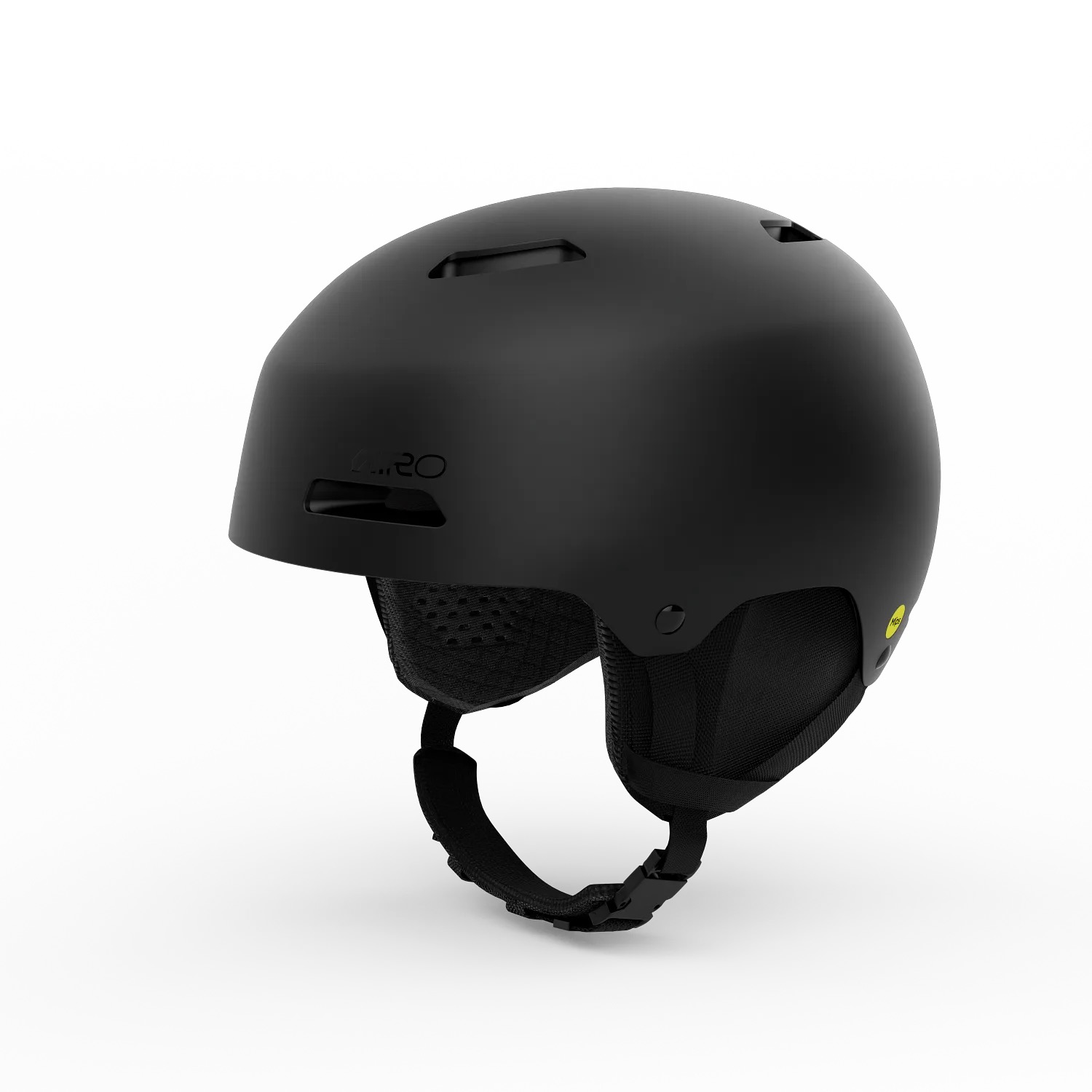 Casque de ski noir avec ouvertures d'aération et jugulaire sur fond blanc.