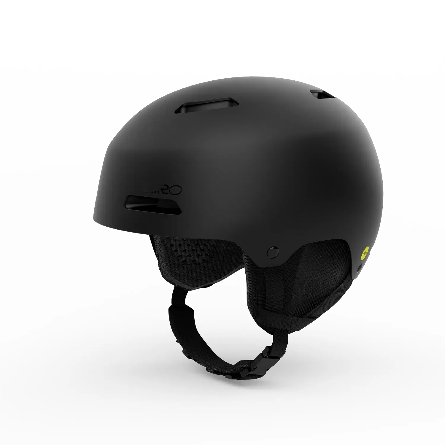 Casco da sci nero con aperture di ventilazione e mentoniera su sfondo bianco.
