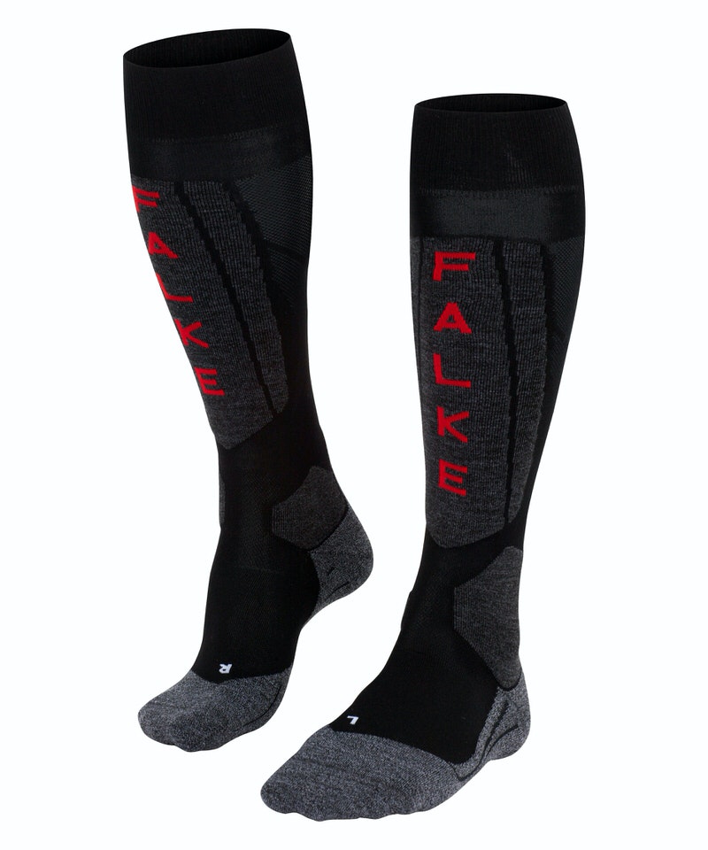 Zwei Falke SK5 Damen Skiing Kniestrümpfe in Schwarz-Grau mit rotem Falke-Logo.