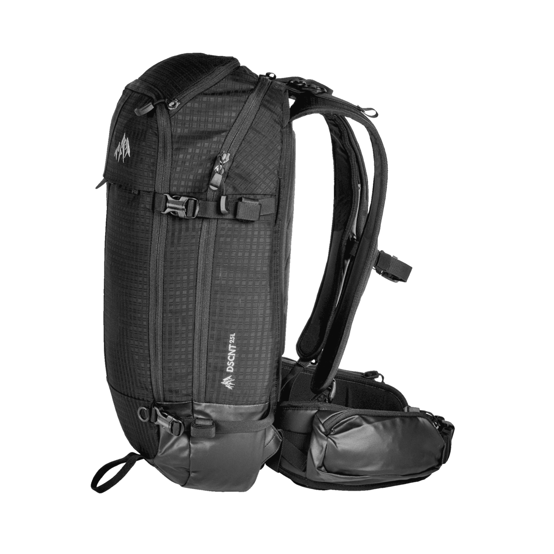 Schwarzer Jones DSCNT 25L Rucksack, seitliche Ansicht. Schultergurte, Hüftgurte und diverse Taschen sind sichtbar.