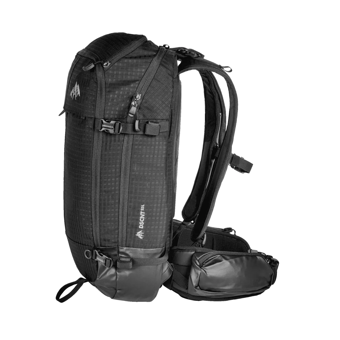 Schwarzer Jones DSCNT 25L Rucksack, seitliche Ansicht. Schultergurte, Hüftgurte und diverse Taschen sind sichtbar.