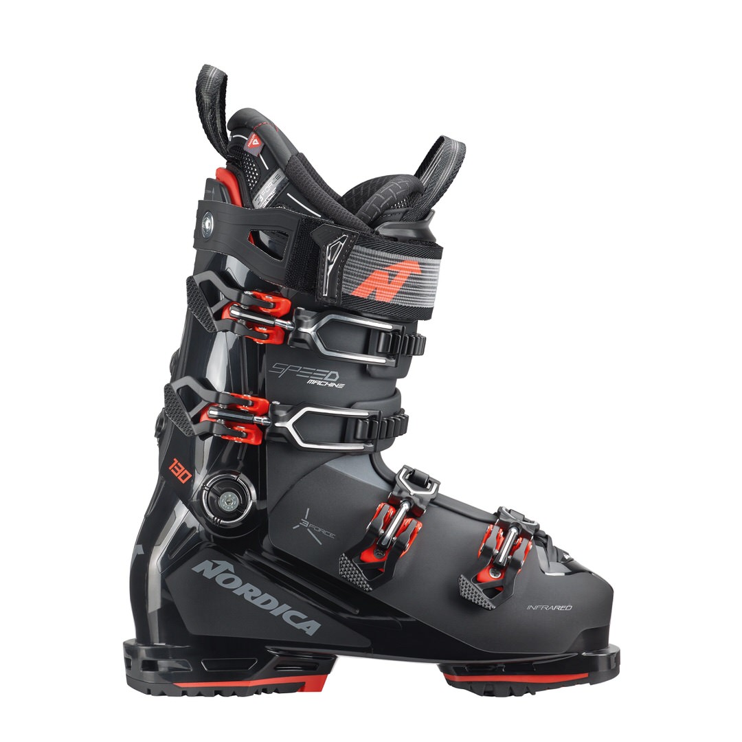 Chaussure de ski noire Nordica Chaussure de ski Nordica Speedmachine 3 130 GW noire avec accents rouges, vue latérale.