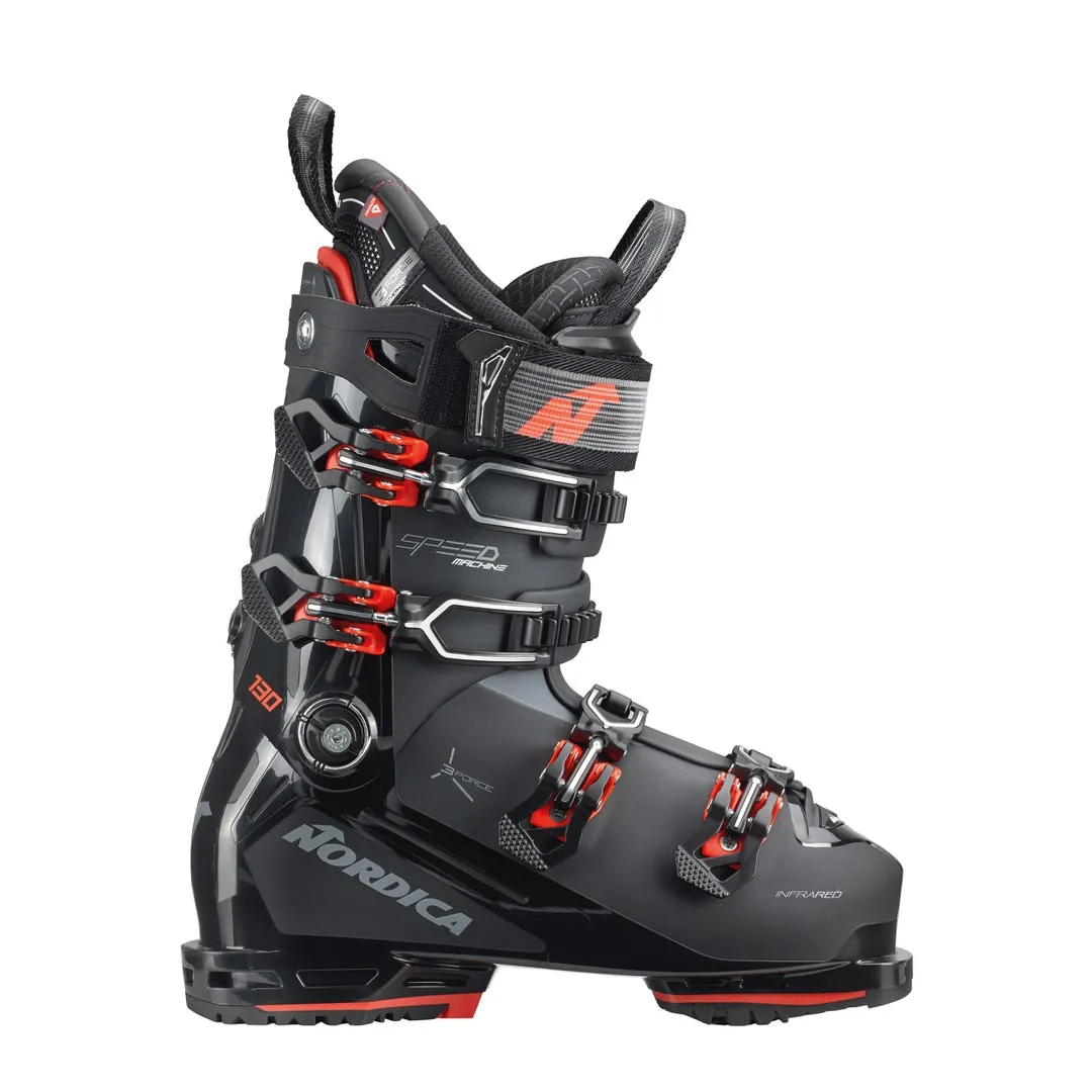 Black Nordica Speedmachine 3 130 GW ski boot with red accents, side view.