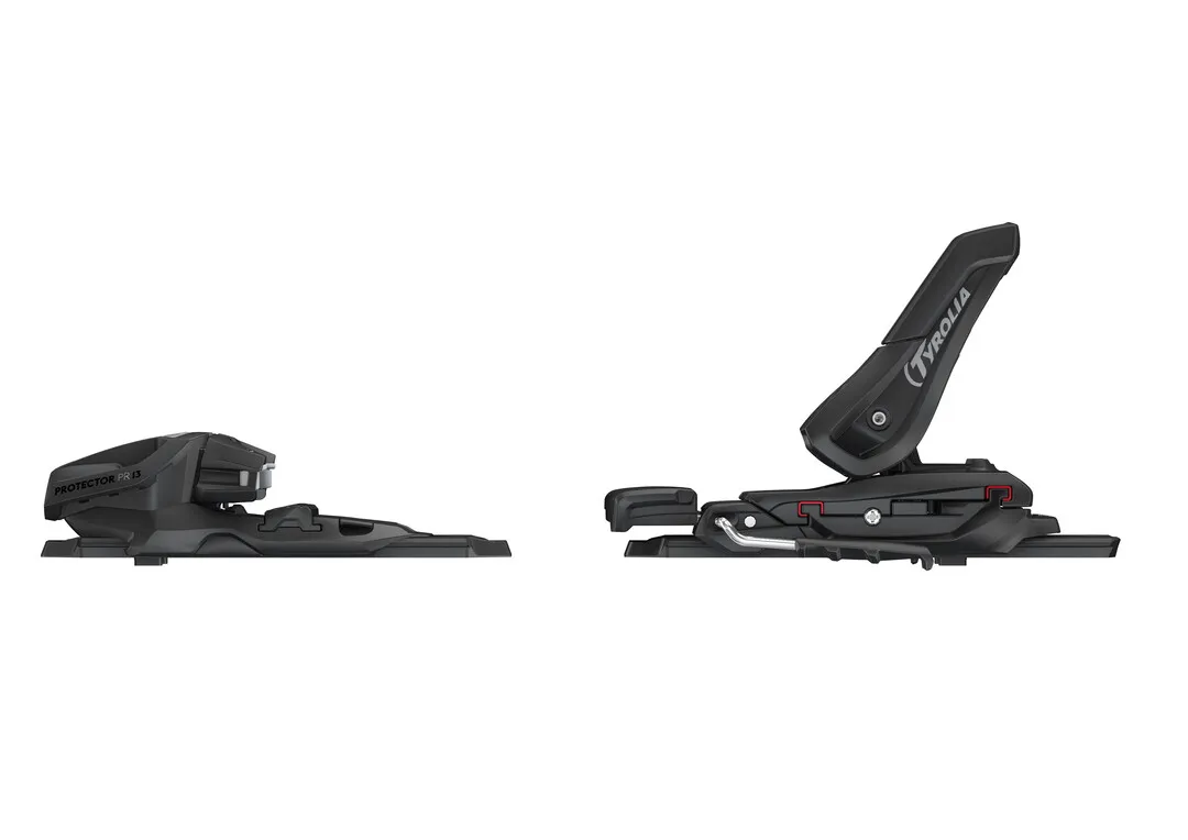 Schwarze Tyrolia Protector PR 13 GW Ski-Bindung mit Full Heel Release Technologie, von der Seite fotografiert.