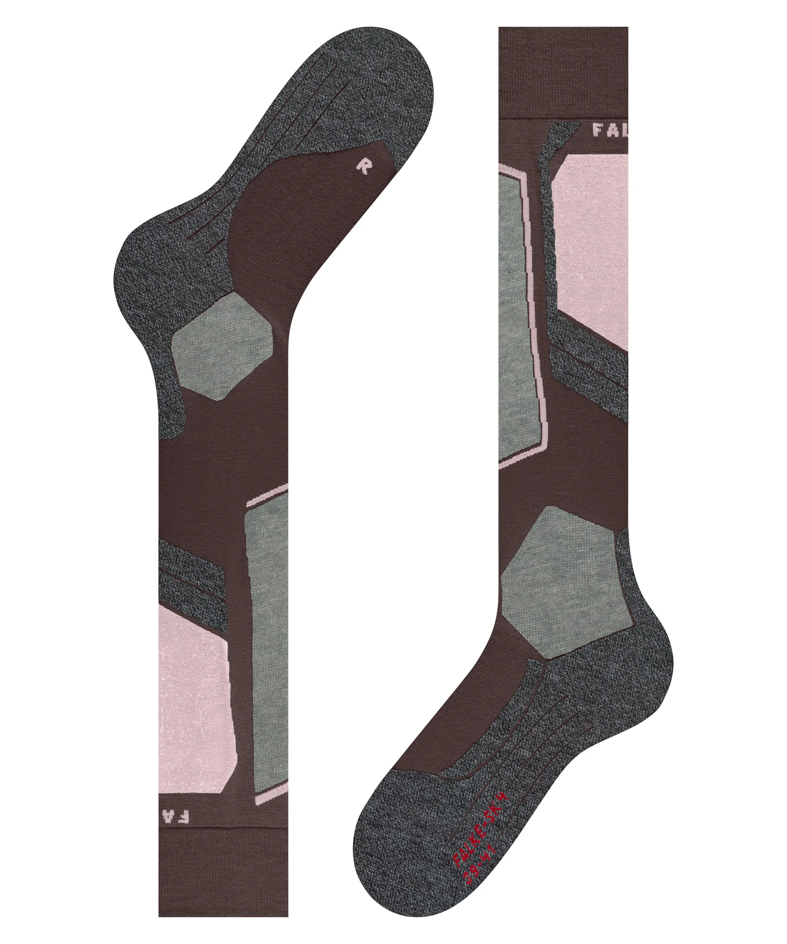 Kniehohe Wandersocken in Dunkelbraun mit auffälligem geometrischem Muster aus hellgrau-grünen und blassrosa Formen. Funktionale Zonen in meliertem Dunkelgrau an Zehen, Ferse und Schienbein. Auf der Sohle: „FALKE SK4“ in Rot.