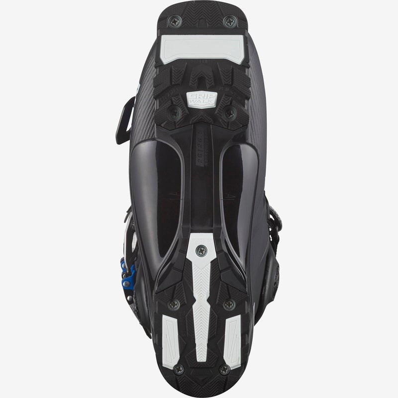 Nahaufnahme der Sohle des Salomon S/PRO Alpha 120 EL Skischuhs, mit GripWalk-Technologie und Schrauben.