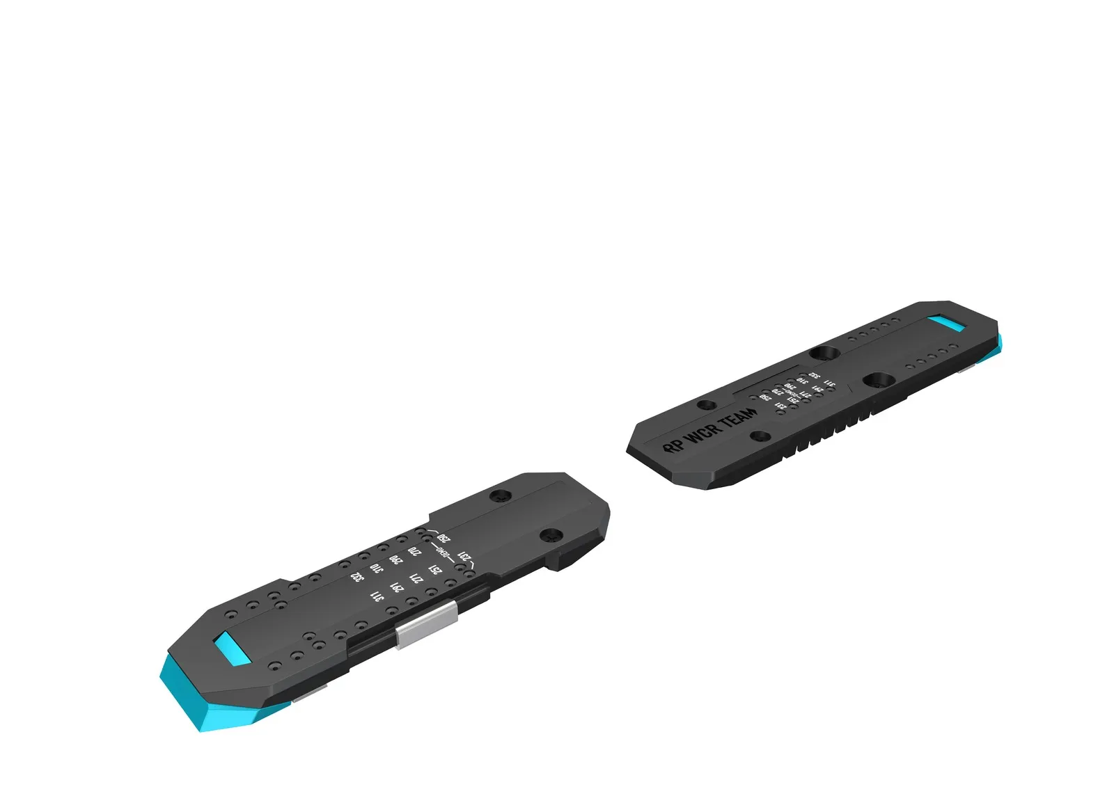 Two black, elongated parts with blue accents lie separately, labeled with "RP WCR TEAM" and numbered markings.