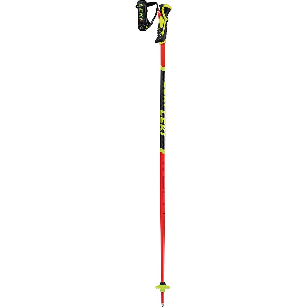 Bâton de ski rouge Leki WCR TBS SL 3D avec des accents jaunes et des inscriptions noires sur fond blanc.