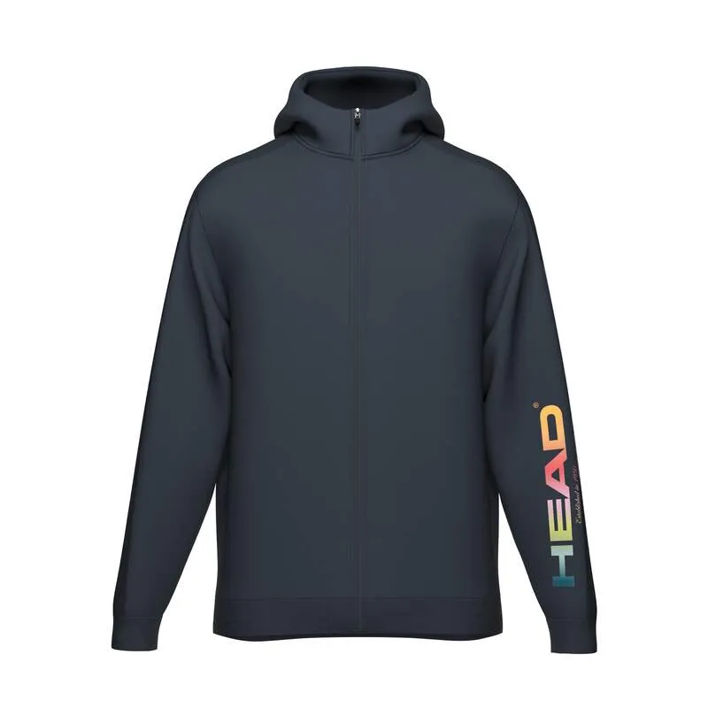 Dunkelblauer Kapuzenpullover mit Reißverschluss und farbigem "HEAD"-Schriftzug auf dem rechten Ärmel.