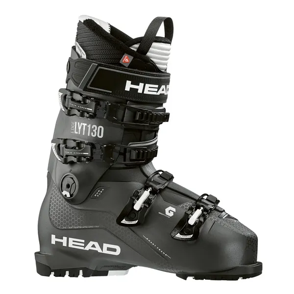 Une chaussure de ski Head Edge LYT 130 grise avec quatre boucles est représentée sur un fond blanc.