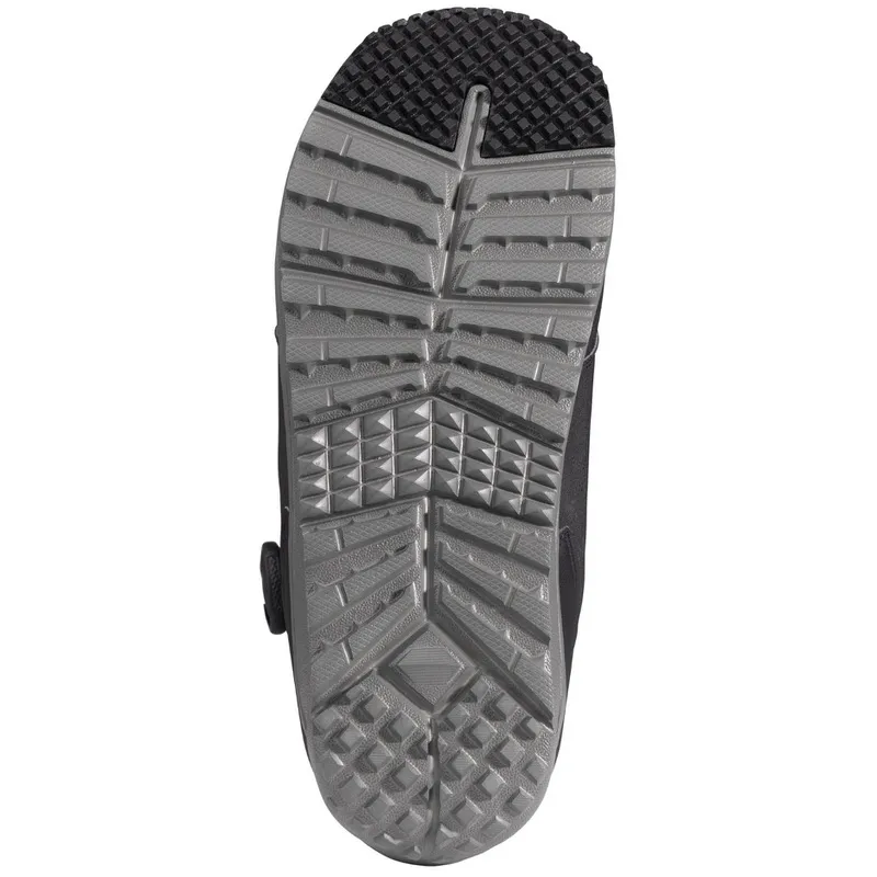 Botte de snowboard noire Nidecker Altai vue de dessous ; semelle grise avec talon structuré noir.