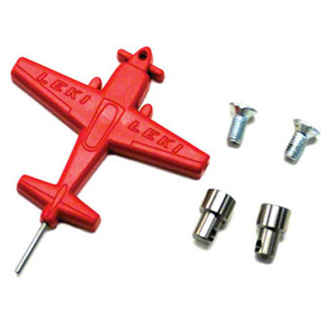 Leki Adapterhülse Trigger Set mit rotem Flugzeugschlüssel, zwei Schrauben und zwei Metallhülsen.