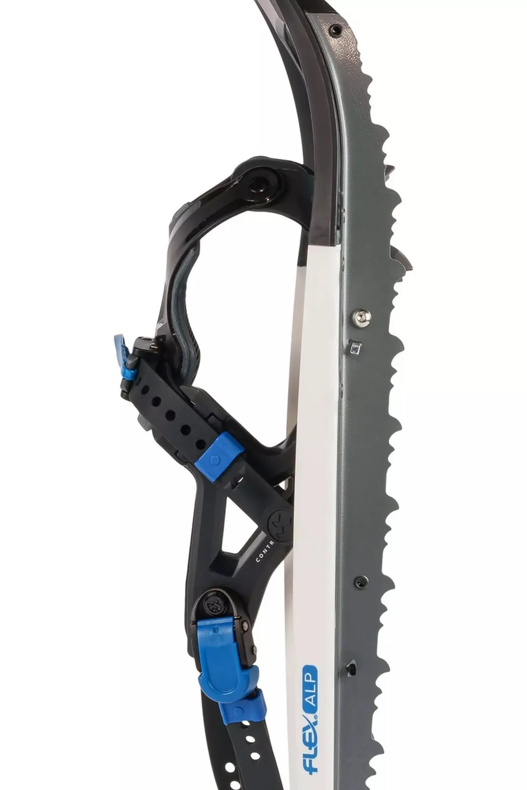 Close-up of a Tubbs Flex Alp 25 men's snowshoe in white and blue. The binding and the serrated traction rails are clearly visible.