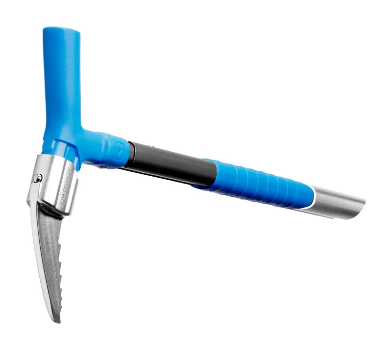 Ortovox PRO ALU III shovel with blue T-handle and pocket spike attachment.