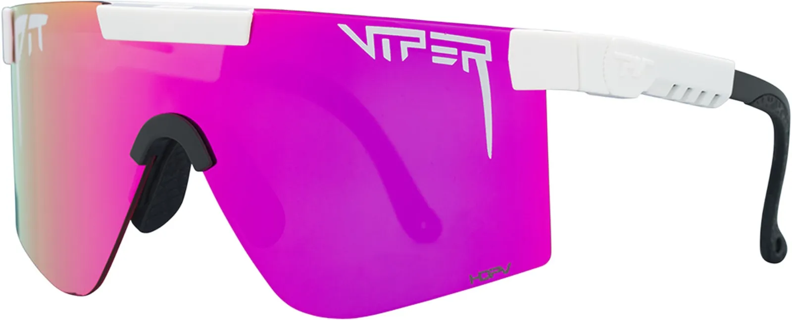 Pink polarized Pit Viper sunglasses with white frame, side view.