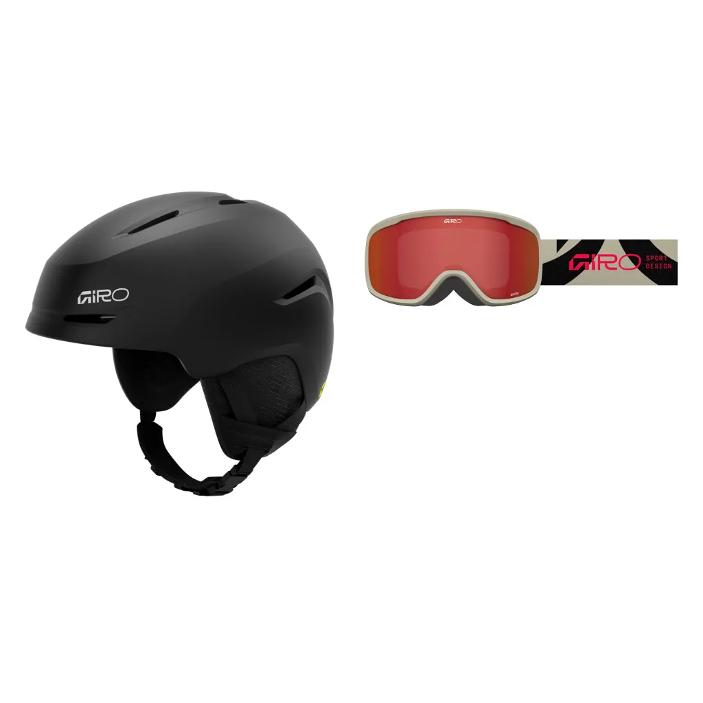 A black ski helmet and ski goggles with red lenses and a strap with the Giro logo.