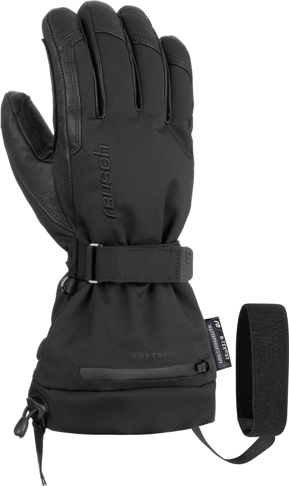 Black Reusch Instant Heat r-tex XT ski glove with leather details and an additional black Velcro strap.