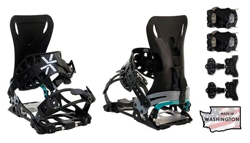 Black Karakoram Prime Nomad Split Interface binding for women in two perspectives, plus accessories and "Made in Washington" logo.