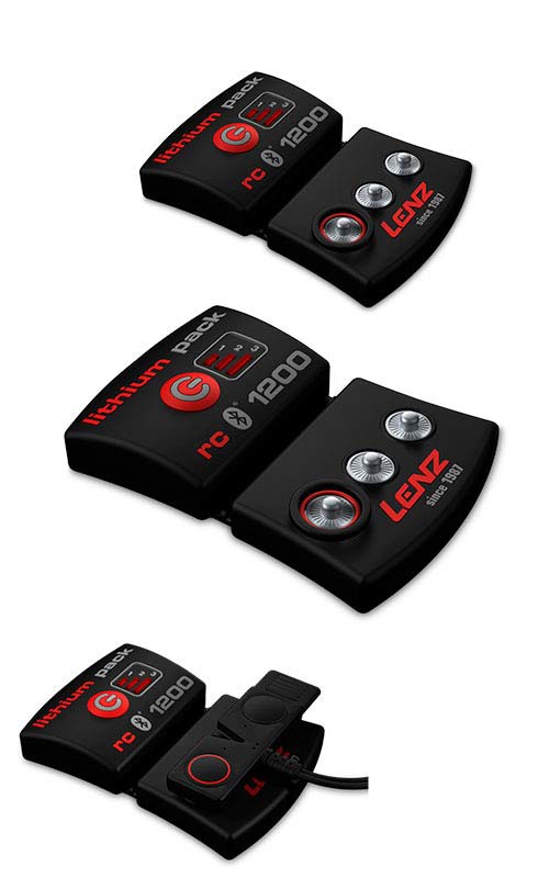 Tre viste del Lenz Lithium Pack rcB 1200: dettagli del pacco batteria nero con scritte e pulsanti rossi.