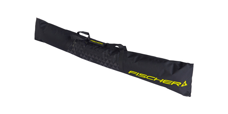 Schwarzer Fischer Skicase Eco XC, ein leichter Skisack für Langlaufski, mit gelbem "FISCHER"-Logo.