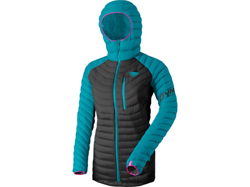 Women's down jacket in ocean/black with hood. Quilted jacket with zipper and logo.