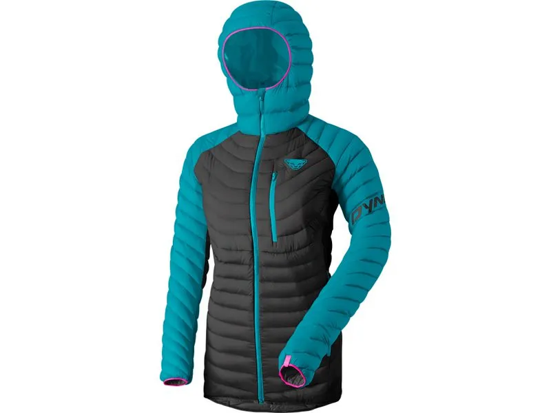 Doudoune pour femme en coloris océan/noir avec capuche. Veste matelassée avec fermeture éclair et logo.