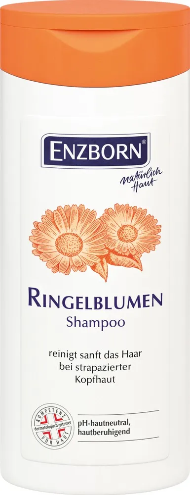 Weiße Shampoo-Flasche mit orangem Deckel und Ringelblumen-Motiv auf dem Etikett.