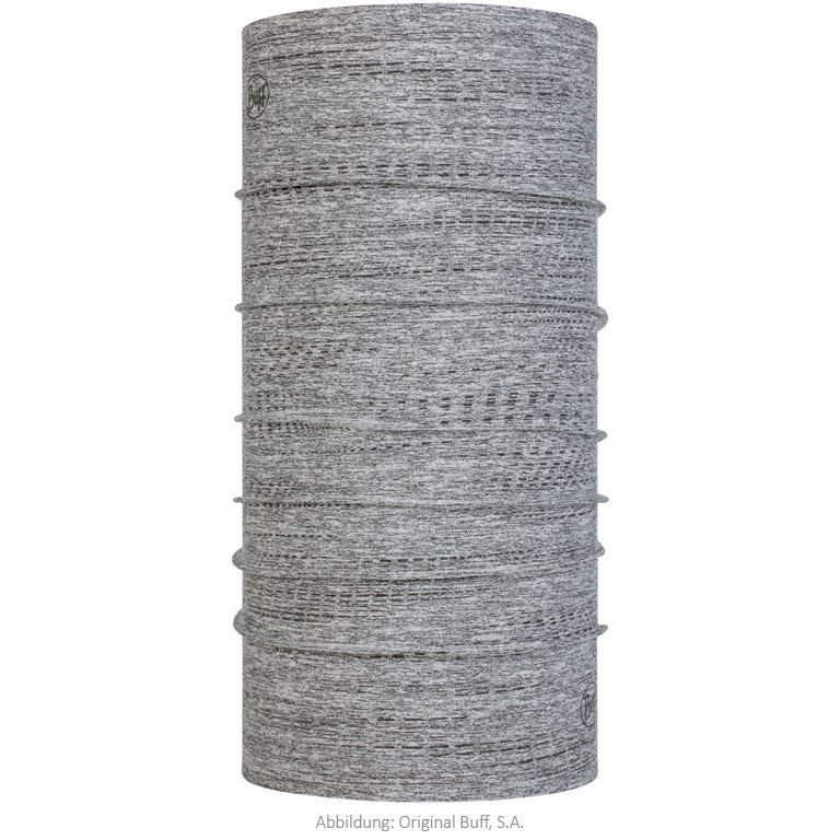 Graues, gestreiftes Buff Dryfix R-Light Schlauchtuch, aufgerollt dargestellt.