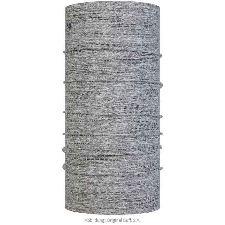 Gray, striped Buff Dryfix R-Light tubular scarf, shown rolled up.