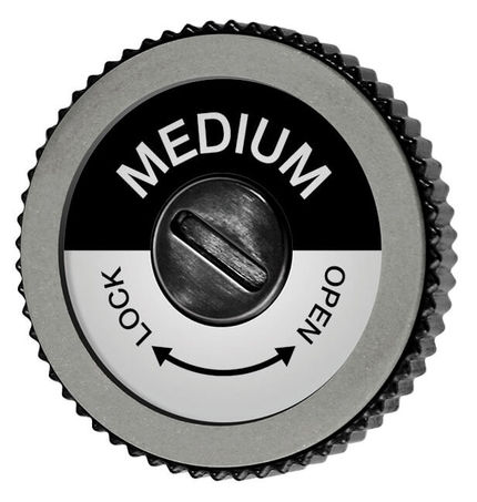 Runde Toko Diamond Disc Medium Schleifscheibe, mit "Medium" Aufschrift, "Lock/Open" Anzeige und Einstellschraube.