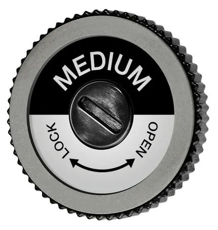 Runde Toko Diamond Disc Medium Schleifscheibe, mit "Medium" Aufschrift, "Lock/Open" Anzeige und Einstellschraube.
