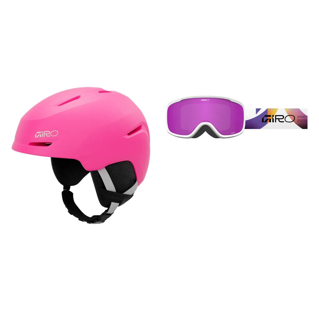 Pink ski helmet with Giro logo and ski goggles with purple lenses and white frame.