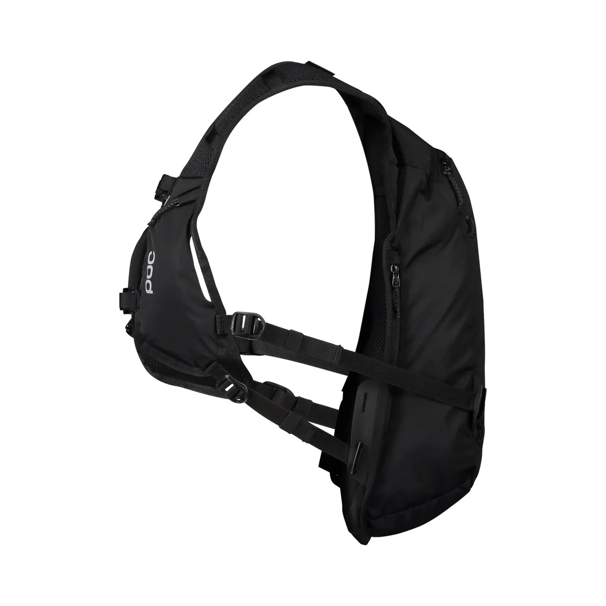 Schwarzer Column VPD Backpack 13L mit Trägern und Brustgurten von der Seite, Details wie Reißverschlüsse erkennbar.