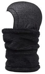 Schwarzer Buff Suzuke Neckwarmer mit geometrischem Muster am Kopf und Fleece am Hals.
