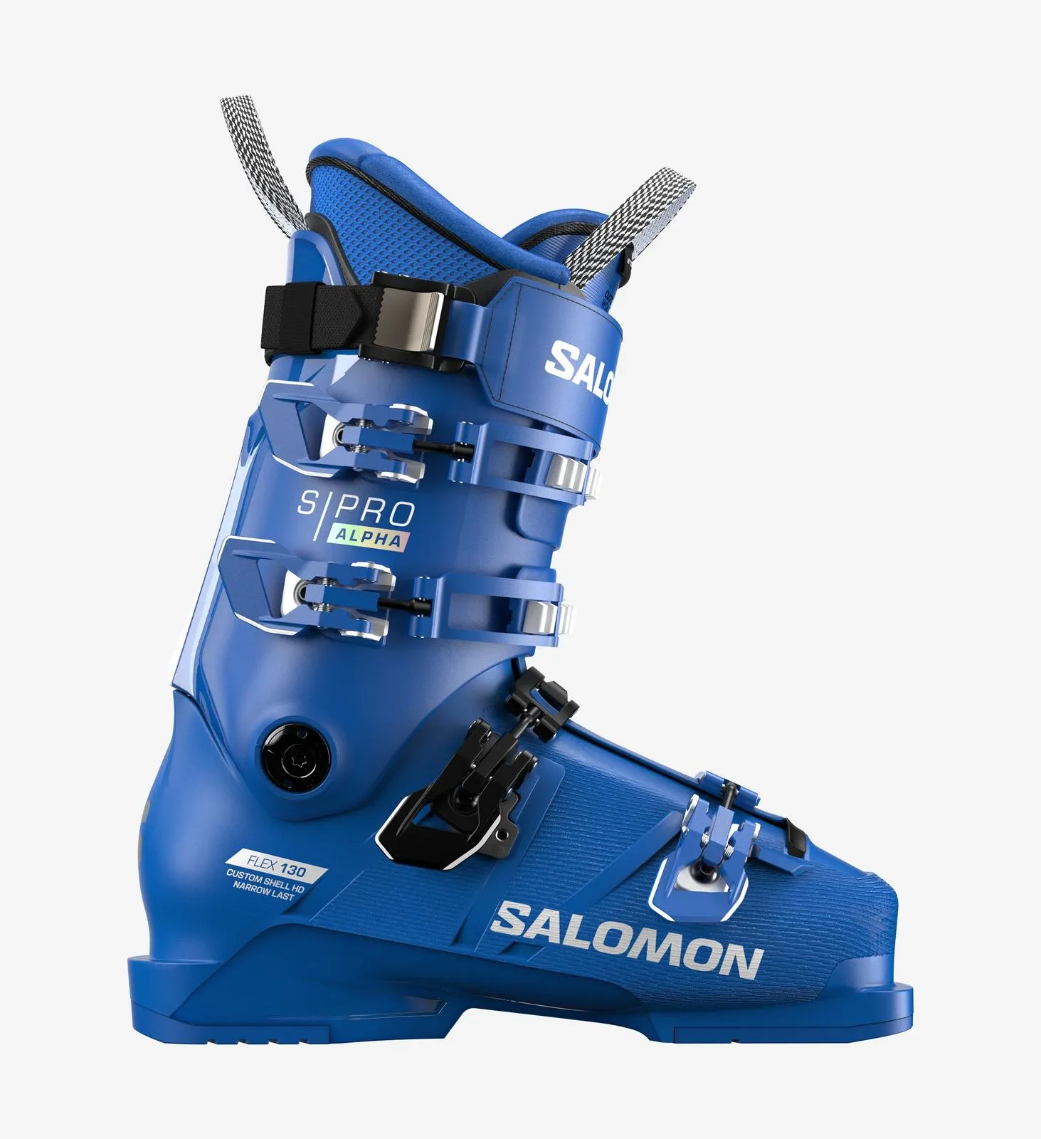 Scarpone da sci blu, Salomon S/PRO ALPHA 130, vista laterale. Sono visibili i dettagli come le fibbie e i cinturini.