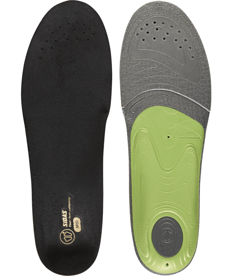 Solette Sidas 3Feet Slim Due solette Sidas 3Feet Slim MID, una superiore nera e una inferiore grigia con supporto metatarsale verde.