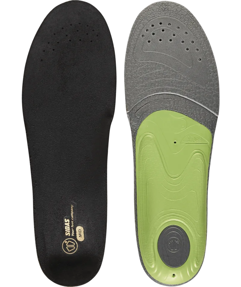 Two Sidas 3Feet Slim MID insoles, one black top and one gray bottom with green metatarsal support.