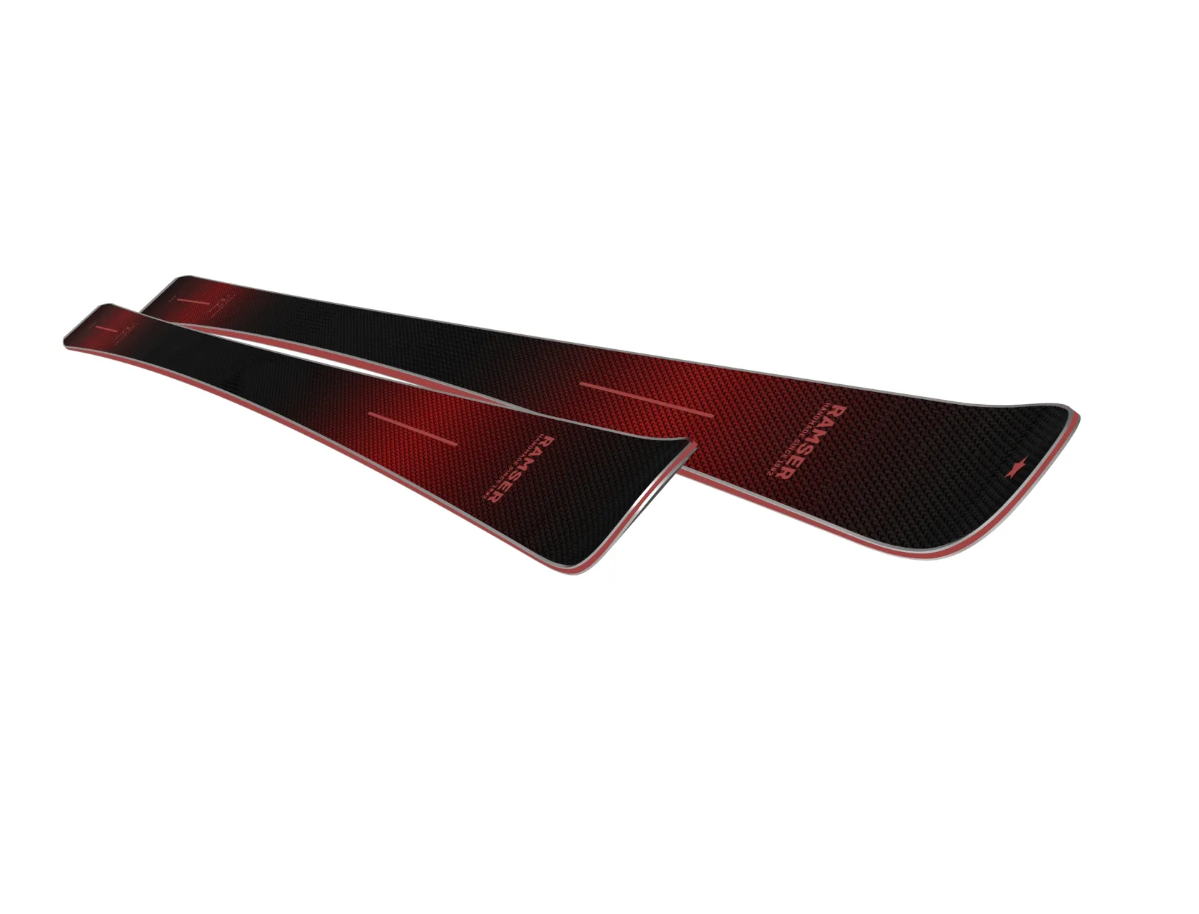 Two red Ramser RED SL LTD skis lie diagonally on top of each other on a white background.