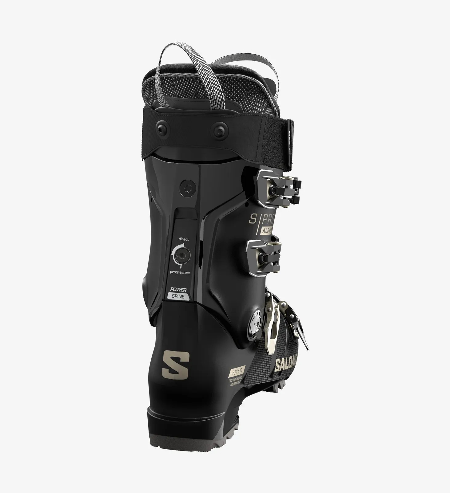 Chaussure de ski noire Salomon S/PRO ALPHA 110 W, vue latérale, détails des boucles, du réglage du flex et des sangles visibles.
