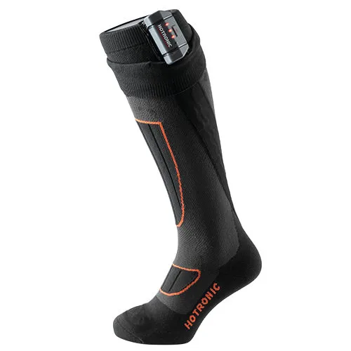 Heat Socks Surround gris foncé avec des accents orange et un compartiment à piles sur le bord supérieur.