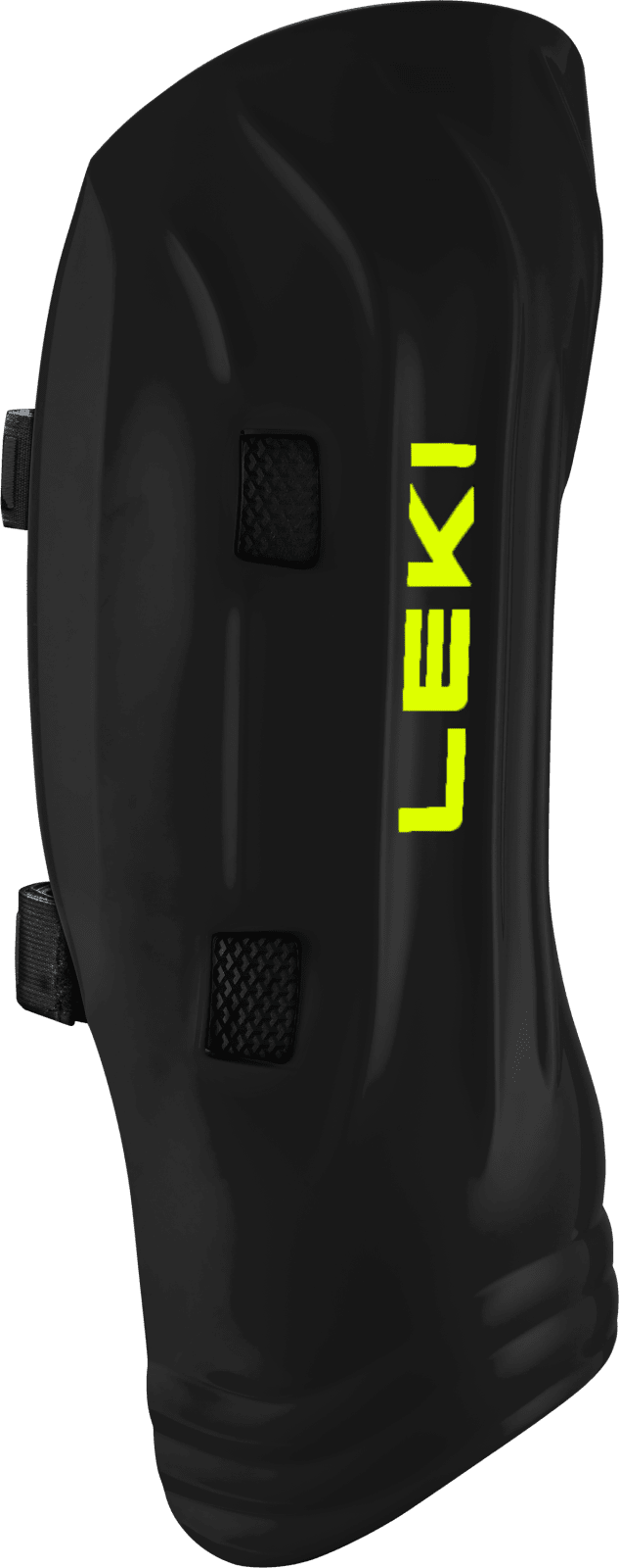 A glossy black ski shin guard with two black straps. The yellow "Leki" logo is positioned vertically on the right side. The accessory has rounded edges and appears to be made of a flexible plastic.