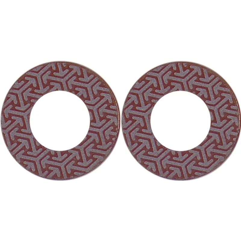 Two round discs with a hole in the middle, decorated with an arrow pattern.