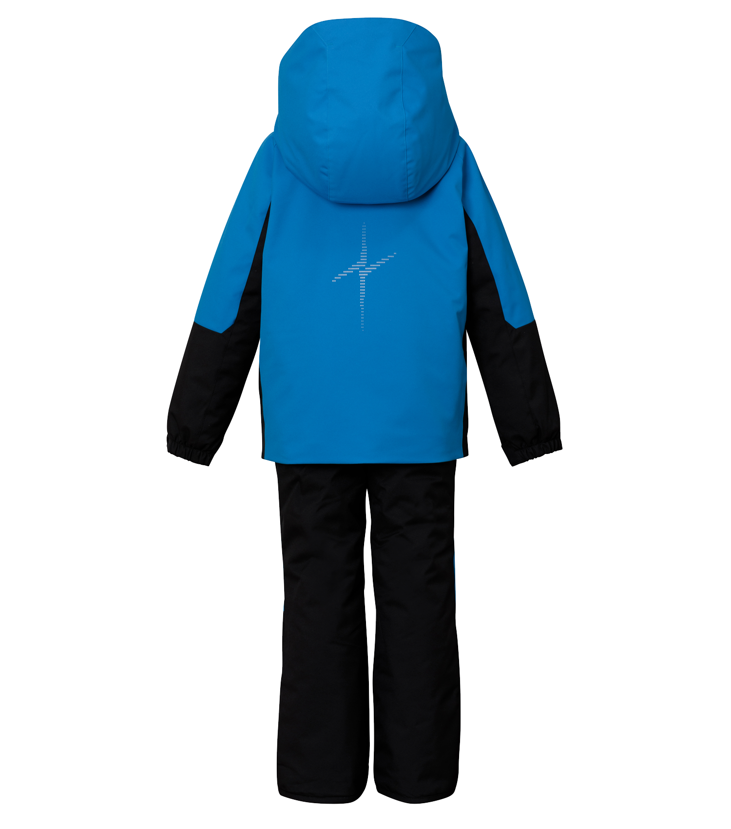 Blauer Horizon Junior Skianzug, Hose schwarz. Jacke mit Kapuze, helles Kreuzmuster am Rücken.