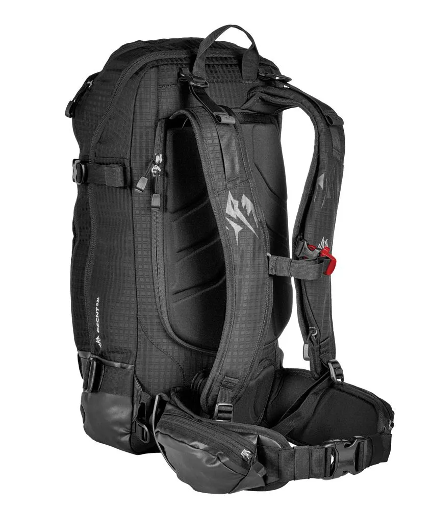 Black Jones DSCNT RAS touring rucksack, rear view with straps and hip belt.