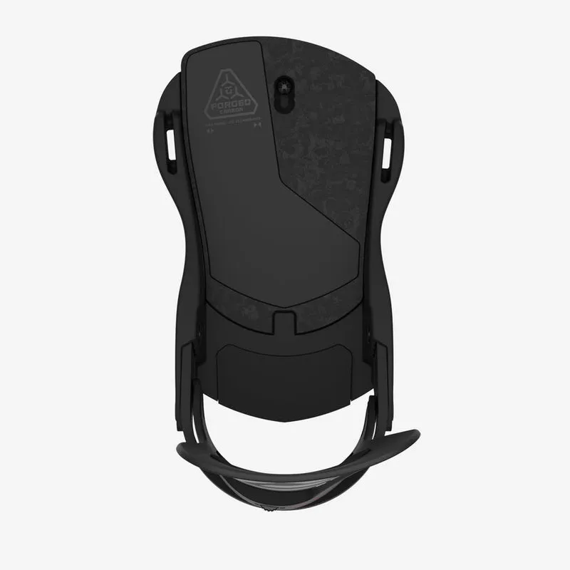 Black Union Atlas Pro snowboard binding, from the front, details of Forged Carbon and Duraflex CB Nylon are visible.